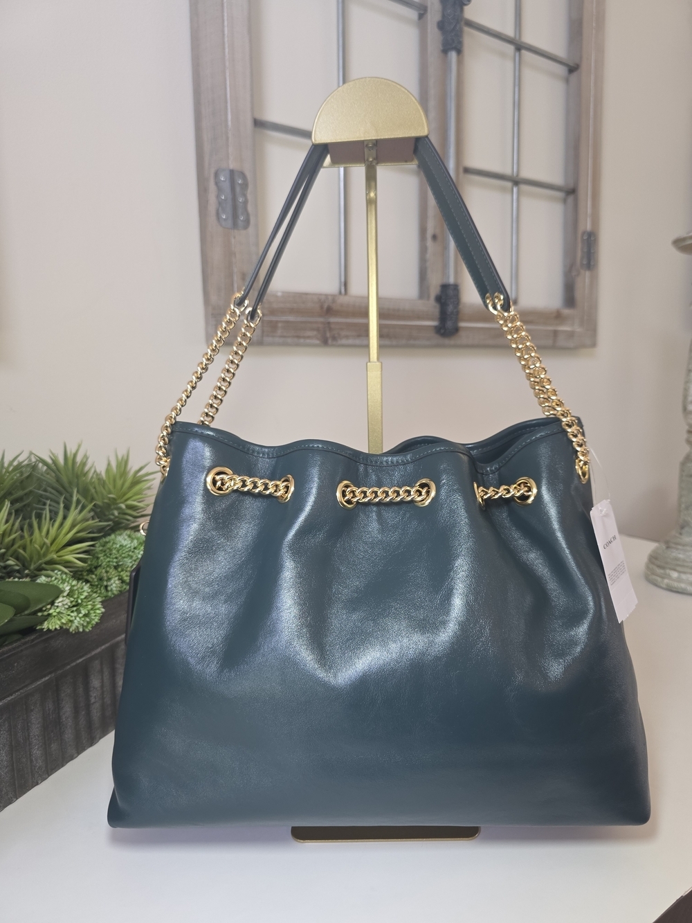 Coach Evelyn Shoulder Bag Dark Teal Smooth Leather Gold Chain- NWT - Picture 3 of 13